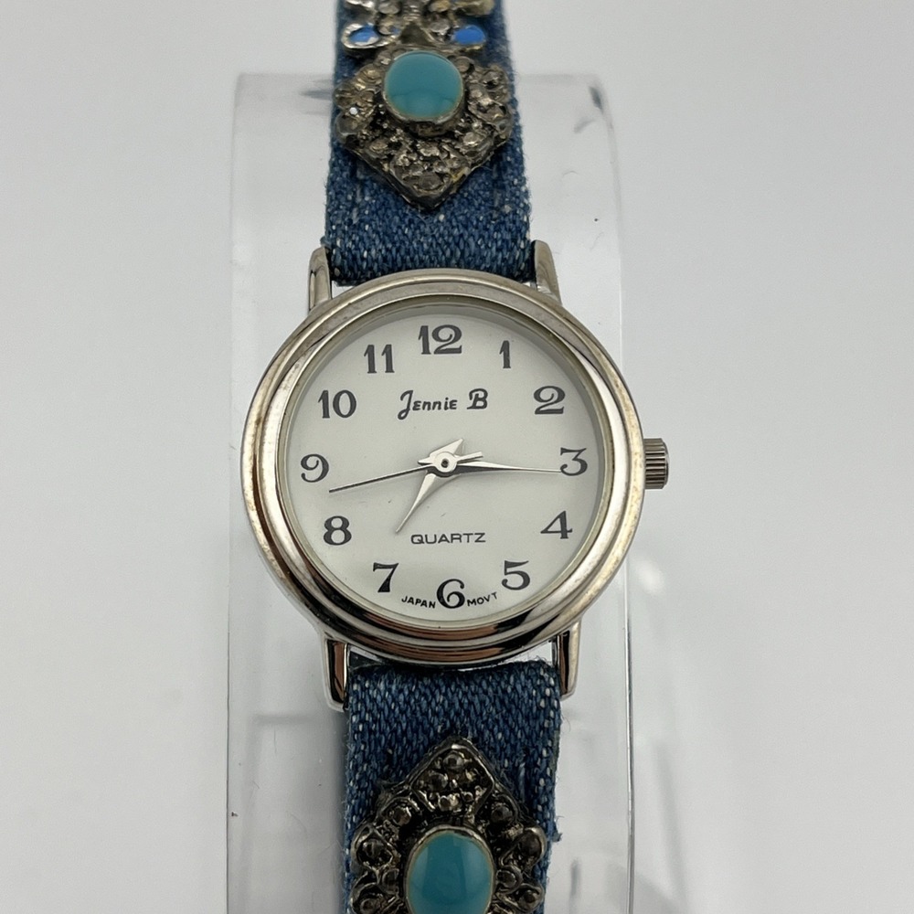 Jennie B Watch Women 24mm‎ Case Denim Leather Silver Tuquoise Band- New Battery